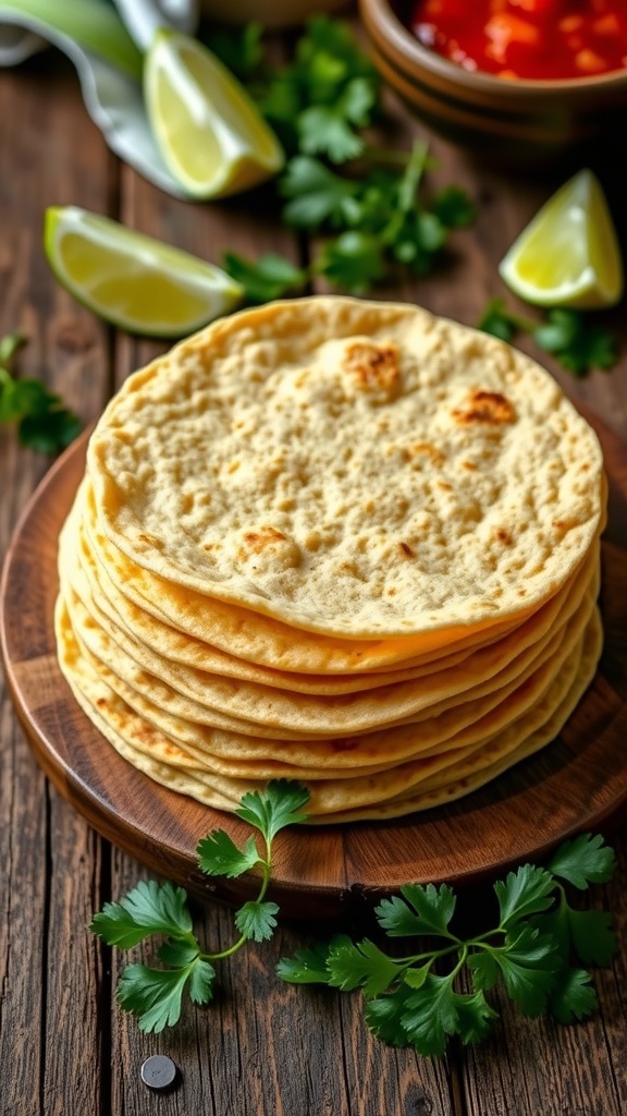 A stack of warm corn tortillas on a wooden table with cilantro, lime, and salsa.